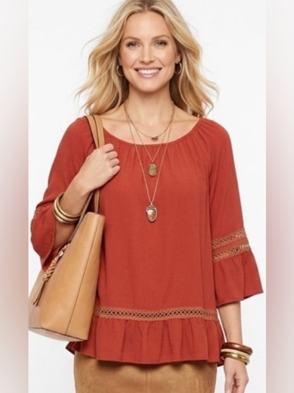 Elegant Studio jpr Terracotta Blouse with Crochet Accents On-Off Shoulder